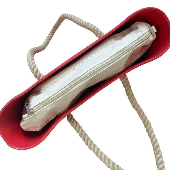 Beach Tote Red Rubber Canvas Lined Tote bag with braided rope handle - Picture 2 of 13